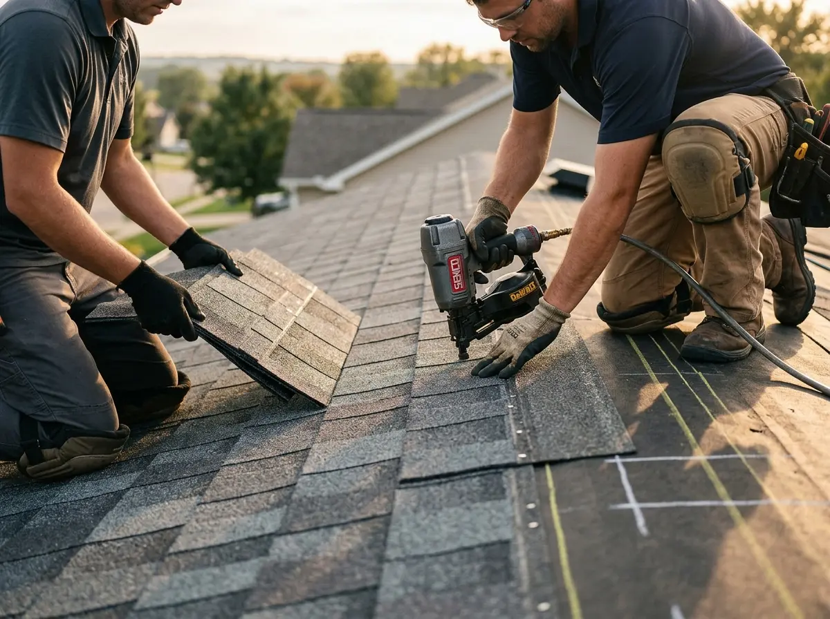 Professional roofer working on a residential roof in West Little River